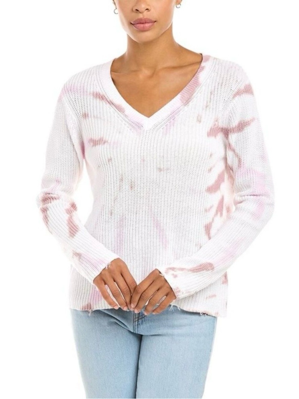 Raffi Women's Tie-Dye Ribbed Distressed V-Neck Long Sleeve Cotton Sweater Size S